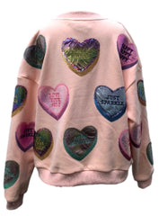 QUEEN OF SPARKLES Sequin POSITIVE CANDY HEARTS Sweatshirt Top