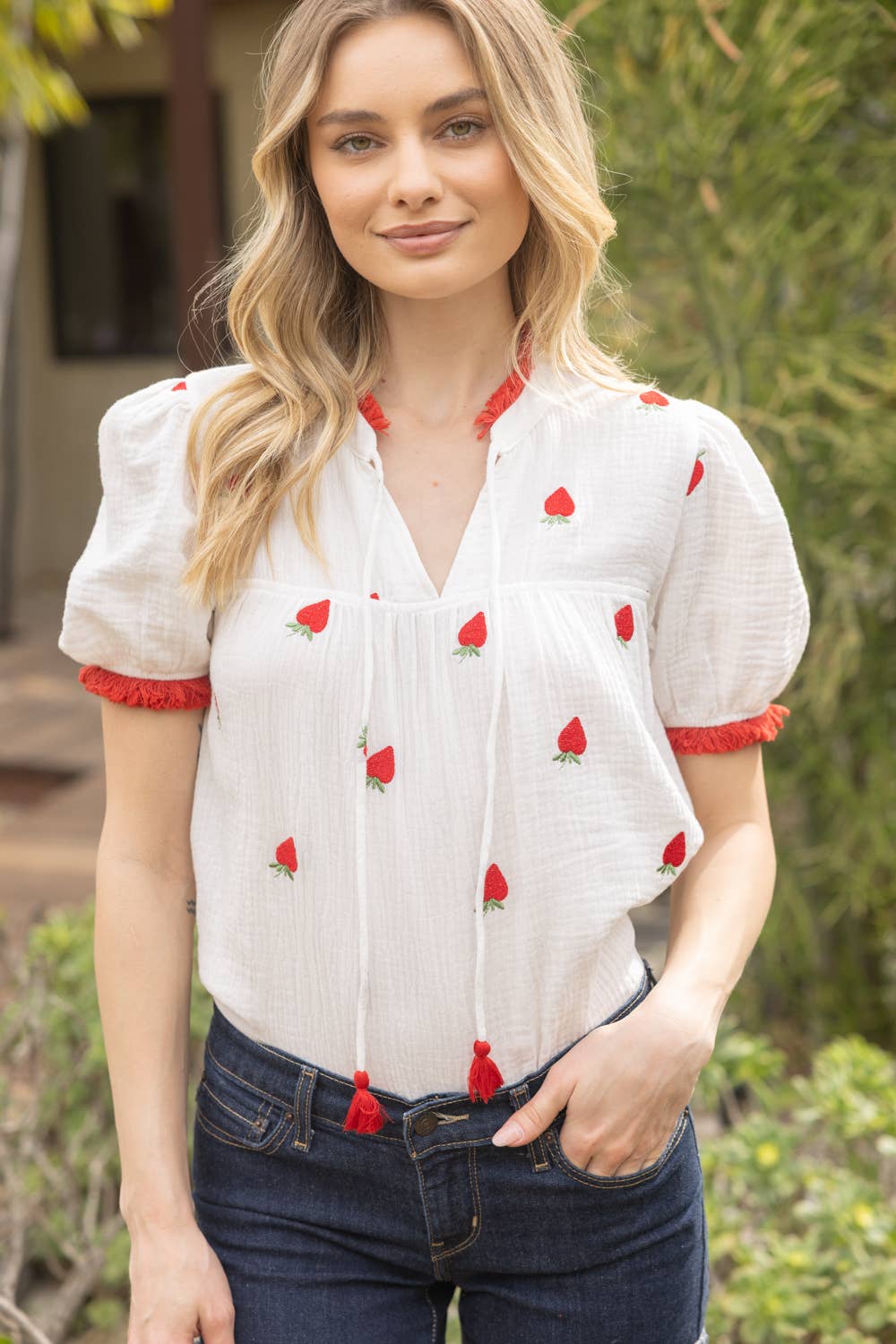 NORA Strawberry Embroidery Gauze Top