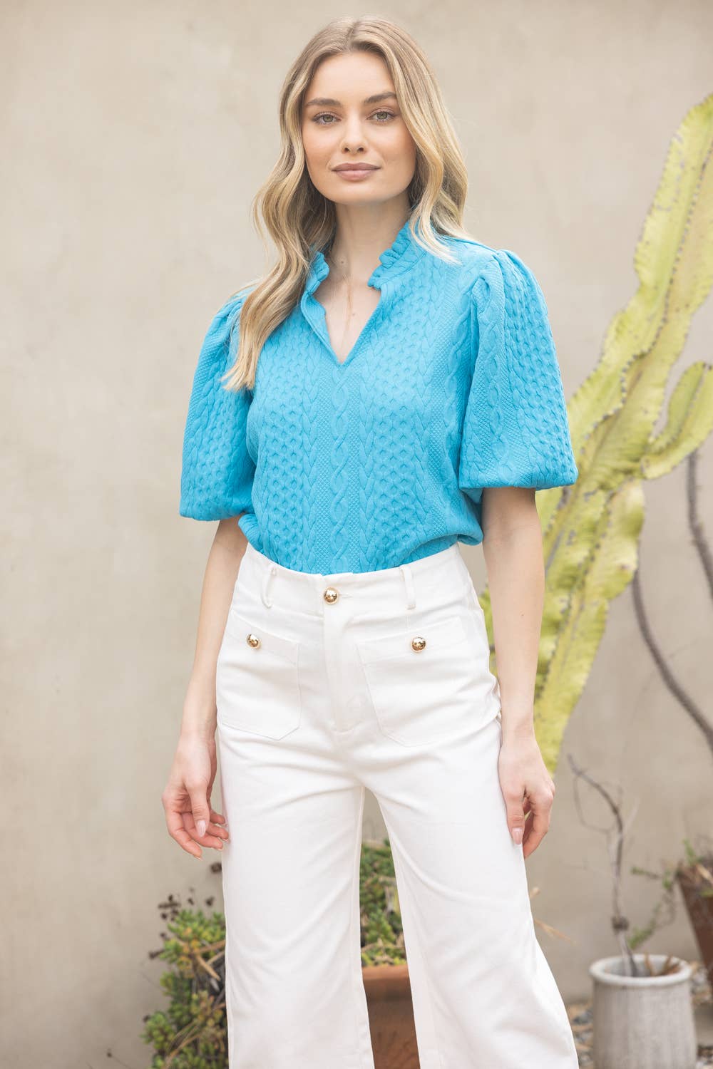 PRIORITIZE RuffleNeck BubbleSleeve CableKnit Top