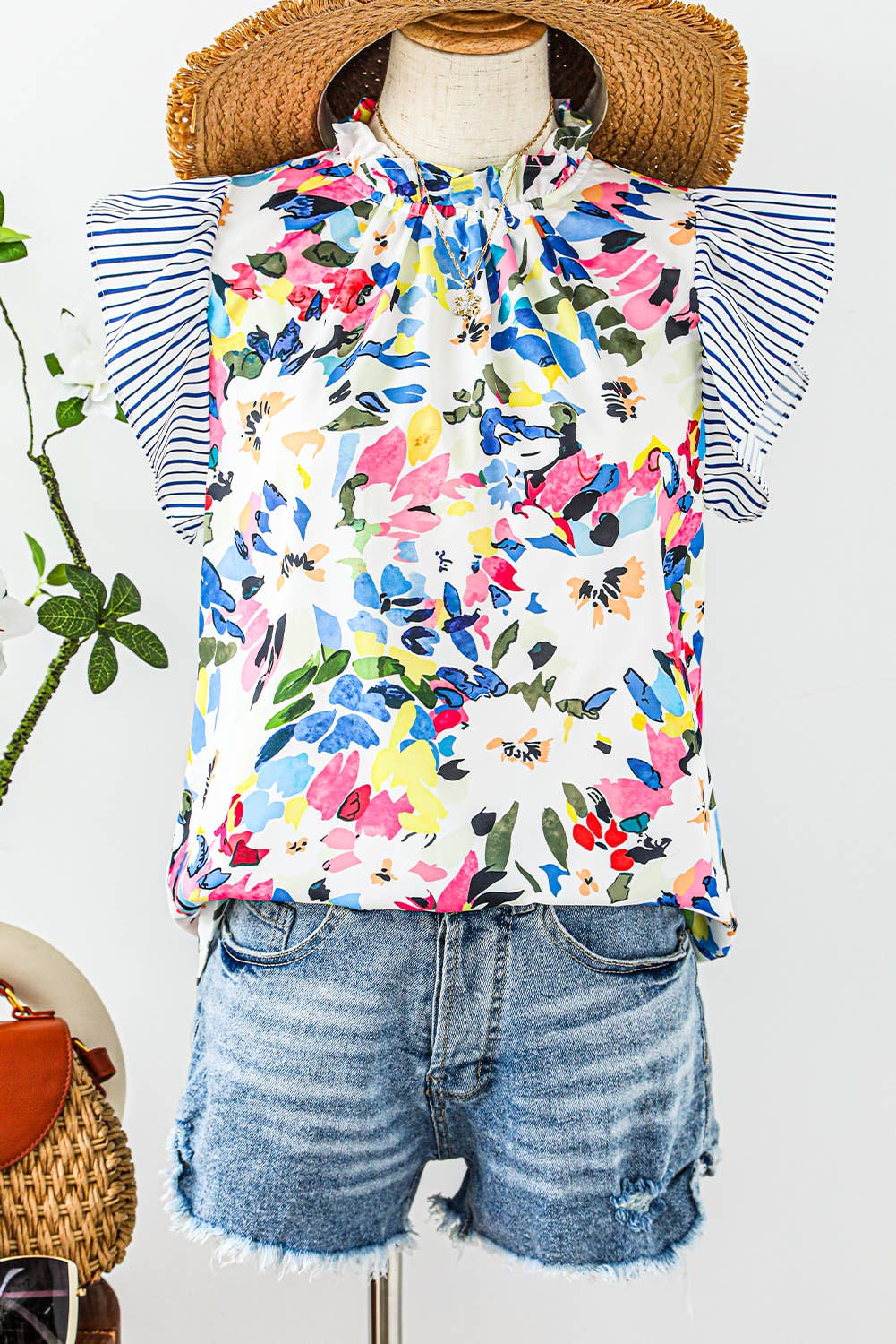 BURST Floral Stripe RuffeSleeve Top