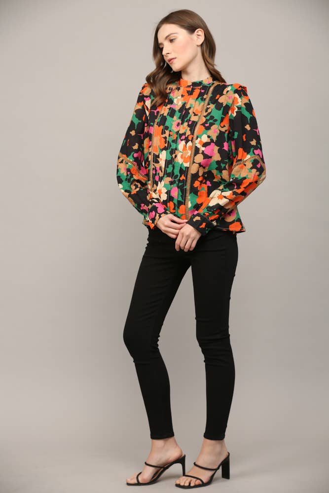 RIO Floral Tucked/Lace Insert Woven Blouse Top