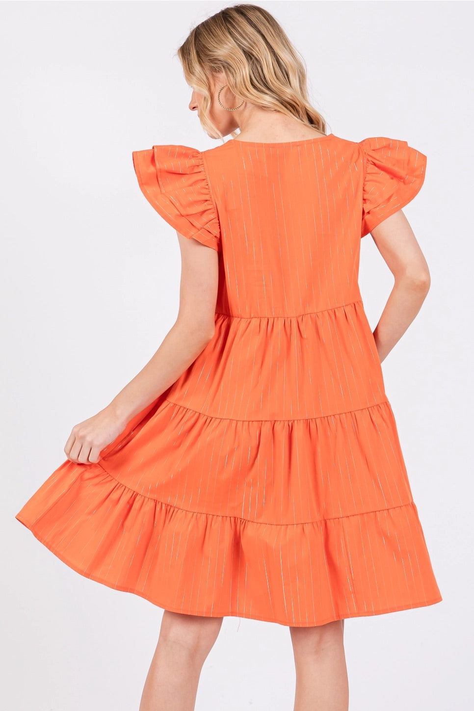 ENLIGHTEN Metallic Pinstripe RuffleTrim Tiered Dress