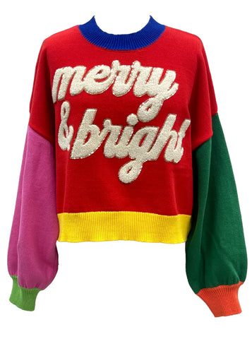 QUEEN OF SPARKLES ColorBlock Fuzzy MERRY & BRIGHT Sweater Top