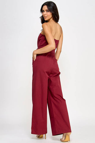 RP125 SOLID STRAPLESS BELTED PALAZZO LEGS JUMPSUIT: WINE / Contemporary / L