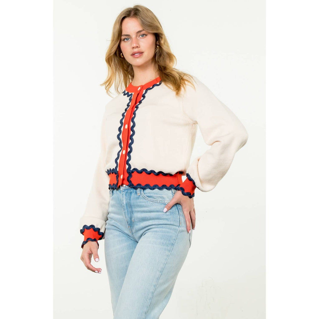SHAI Ricrac Trim ButtonUp Knit Cardigan Top