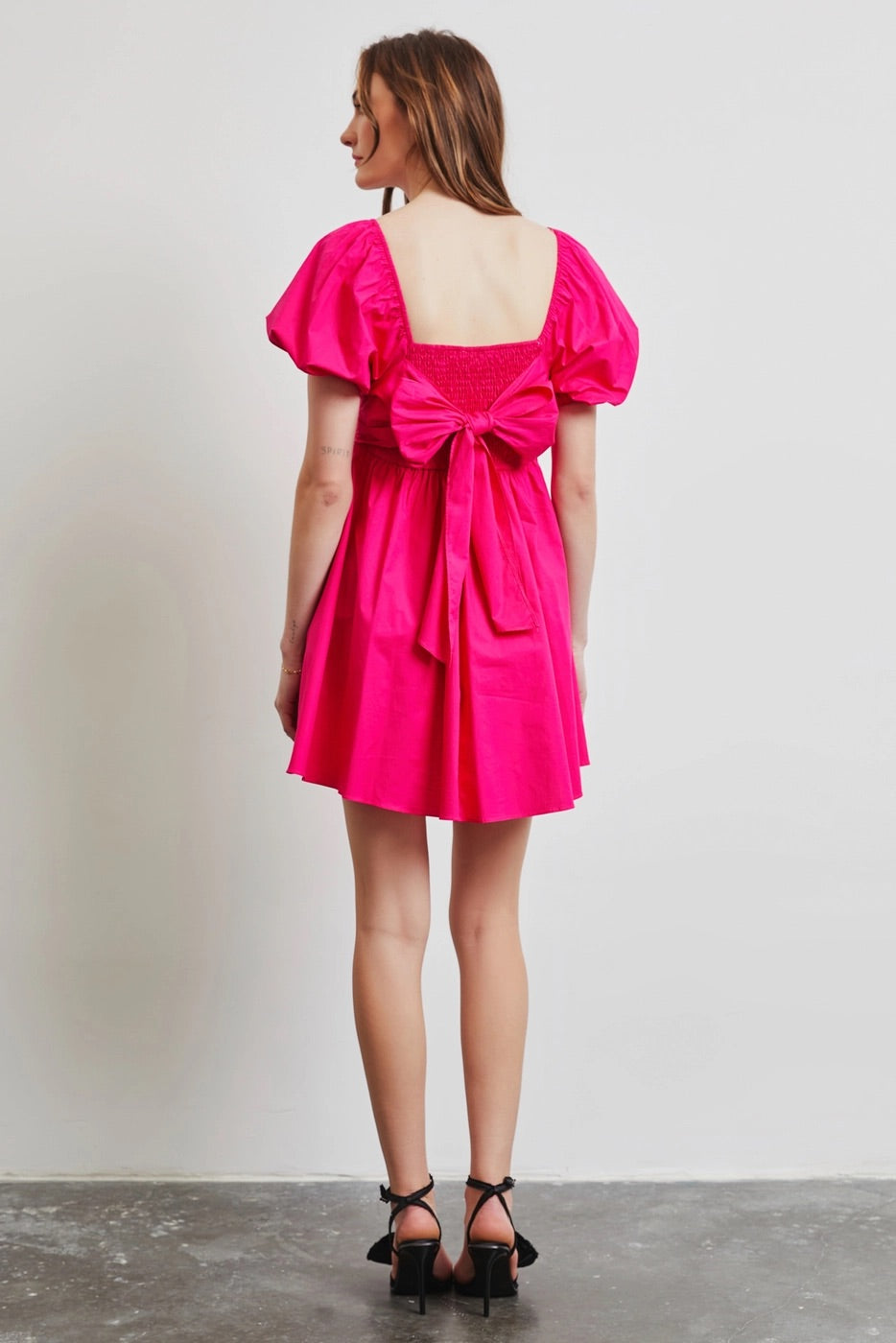 AURORA Puff Sleeve Bow Back Poplin Dress