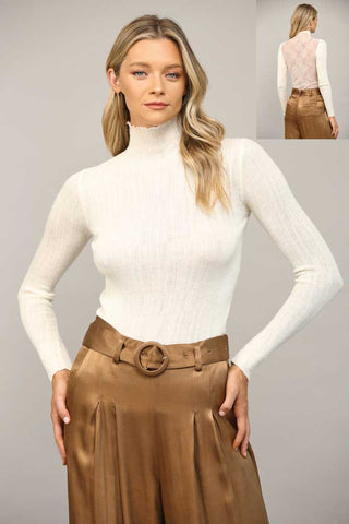 MASON Contrast Lace SheerBack MockNeck Sweater Top