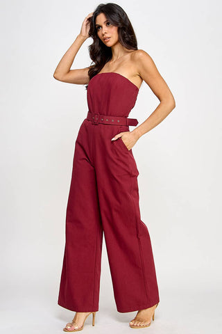 RP125 SOLID STRAPLESS BELTED PALAZZO LEGS JUMPSUIT: WINE / Contemporary / M