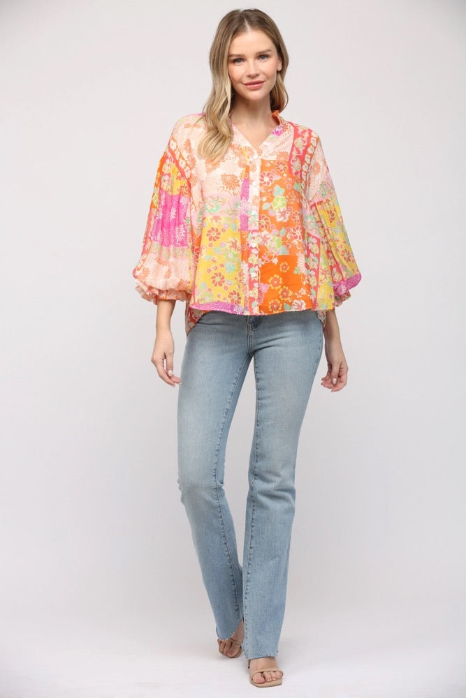 BISCAYNE Patchwork Print Floral ButtonDown Top