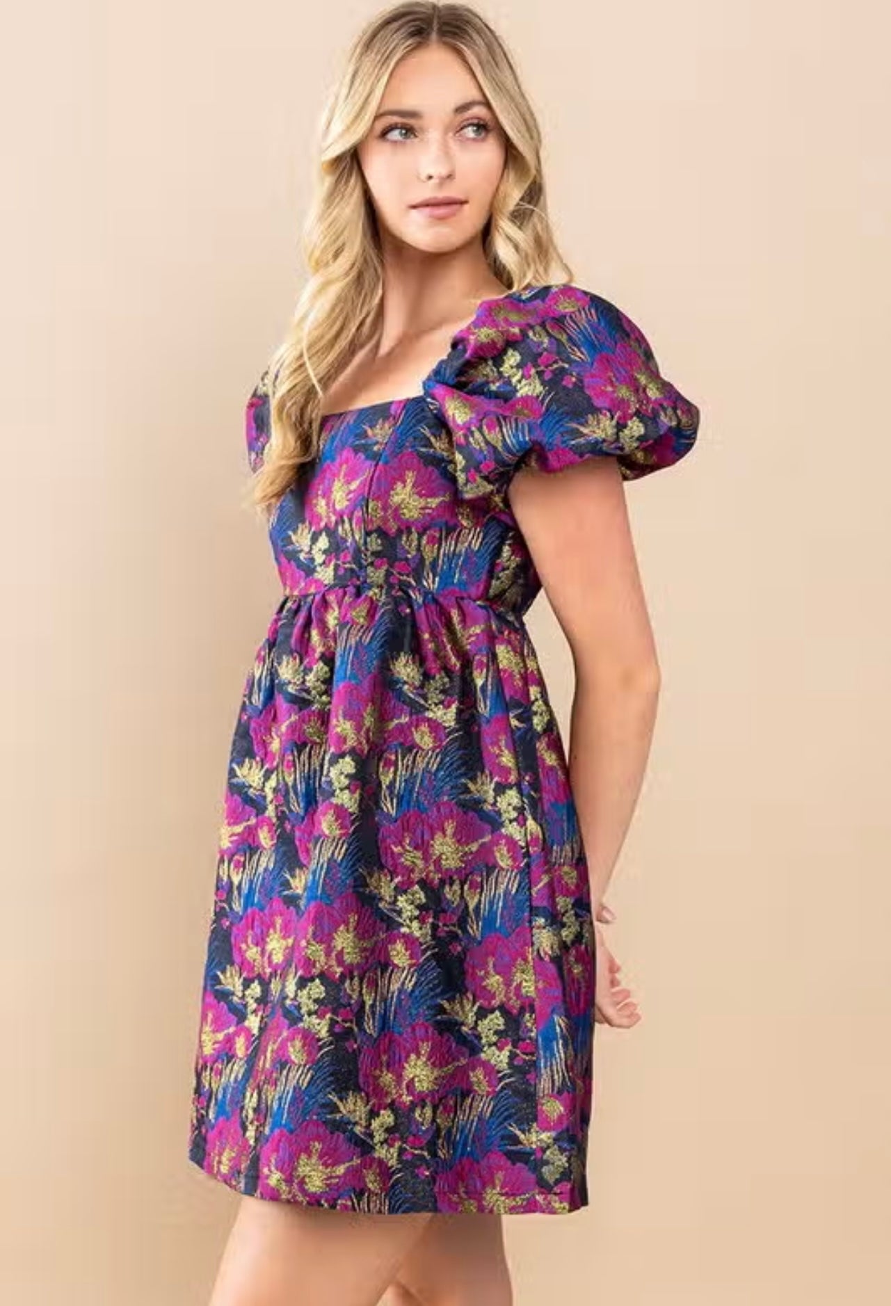 PRESSED Jacquard Floral Puff Sleeve Dress