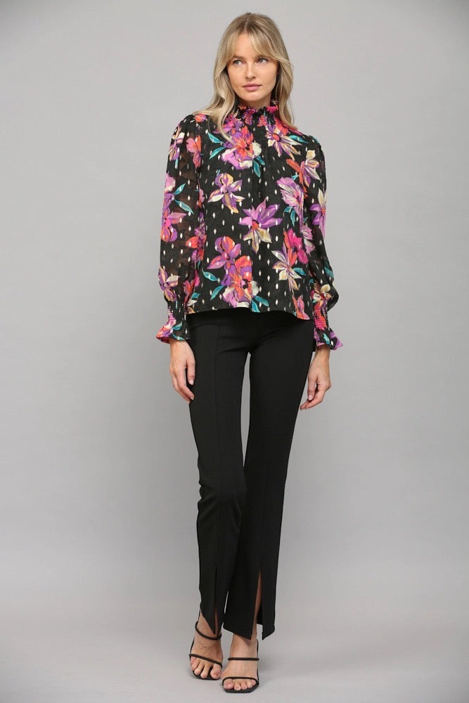 IRIS Floral Smock High Neck Foil Detail Top