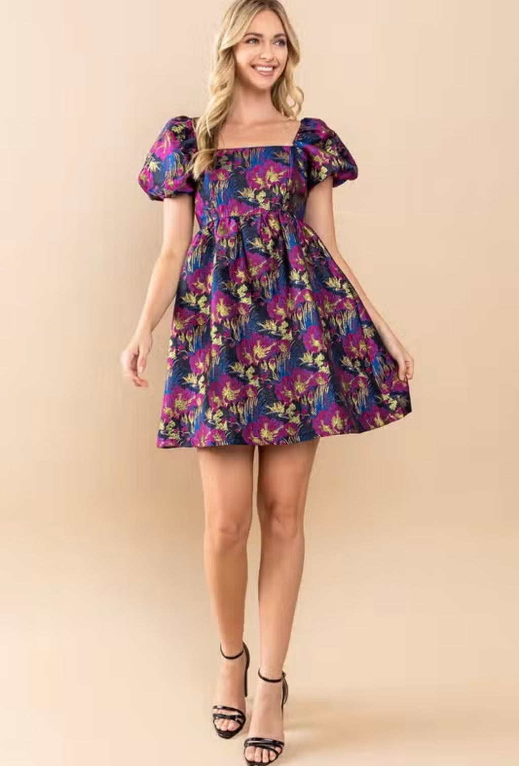 PRESSED Jacquard Floral Puff Sleeve Dress