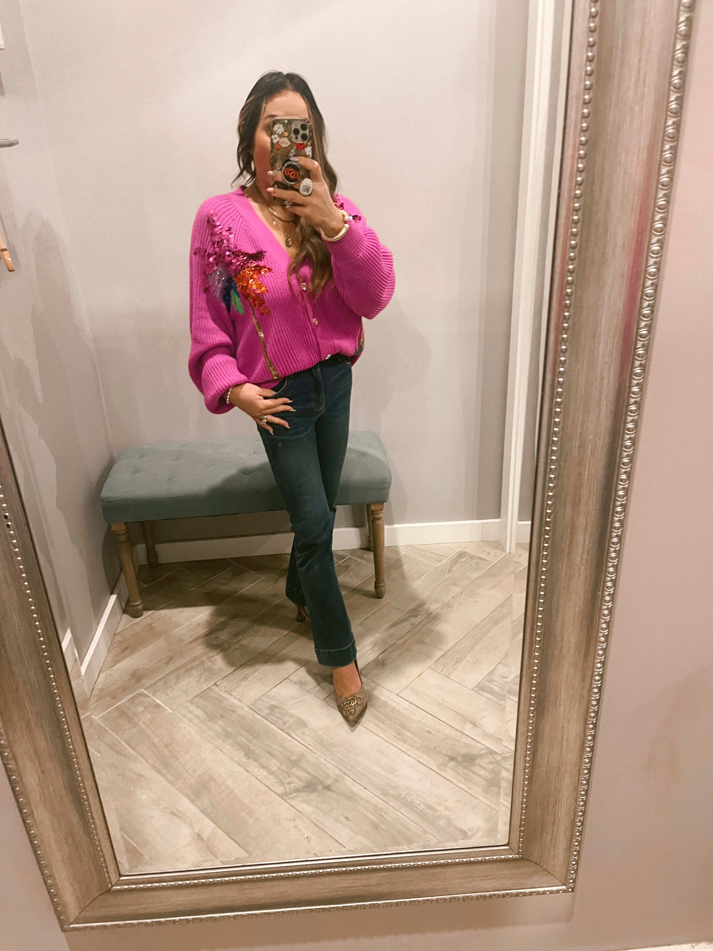 QUEEN OF SPARKLES Sequin PALM TREE Cardigan Top