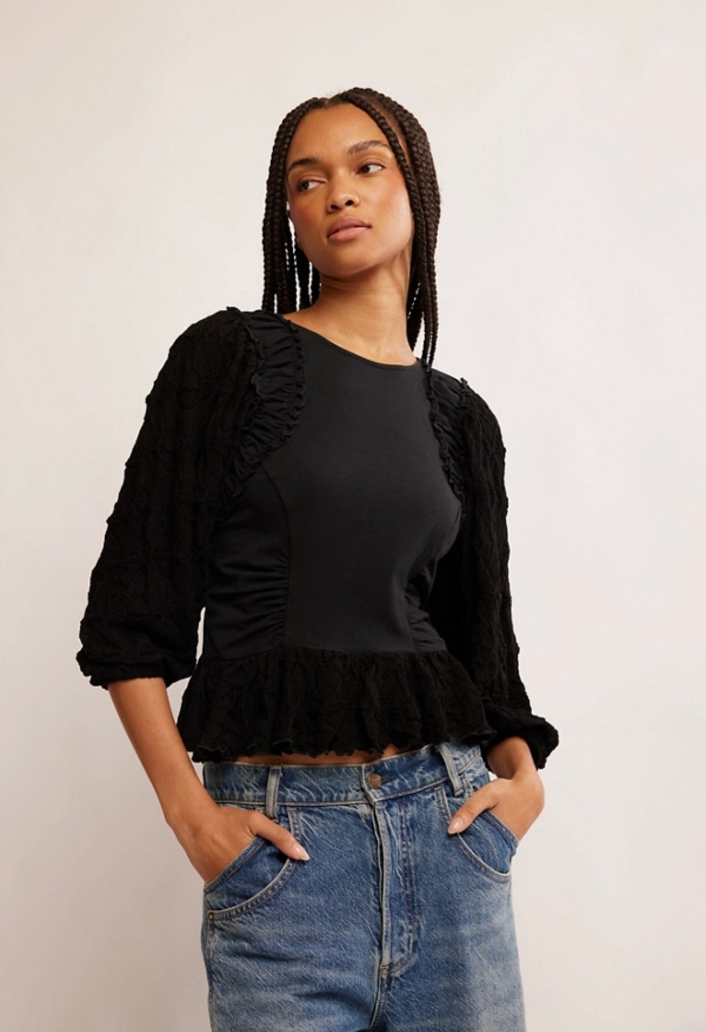 FREE PEOPLE RoucheSleeve OLIVIA RuffleHem Top