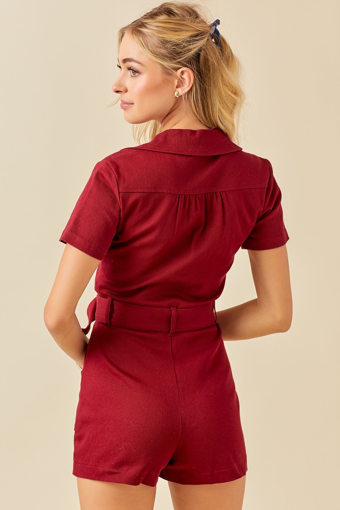 SHOW ME ZipperFront Belted Denim Romper