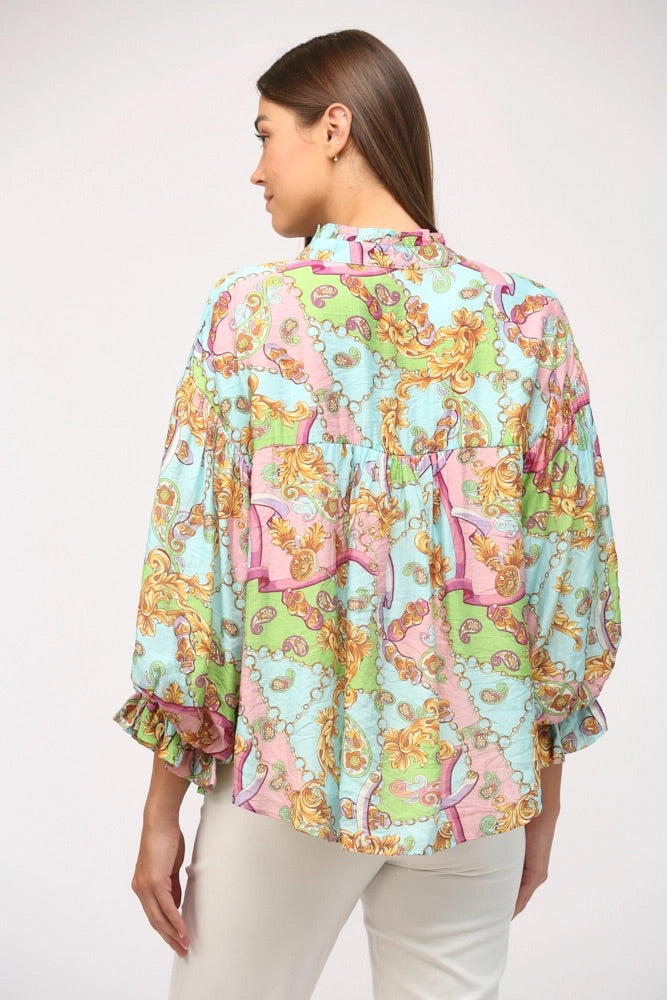 NAPLES ChainPrint ButtonDown BubbleSleeve Top
