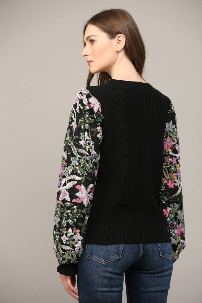 COLLINS Contrast SequinSleeve CrewNeck Sweater Top Jo Jo