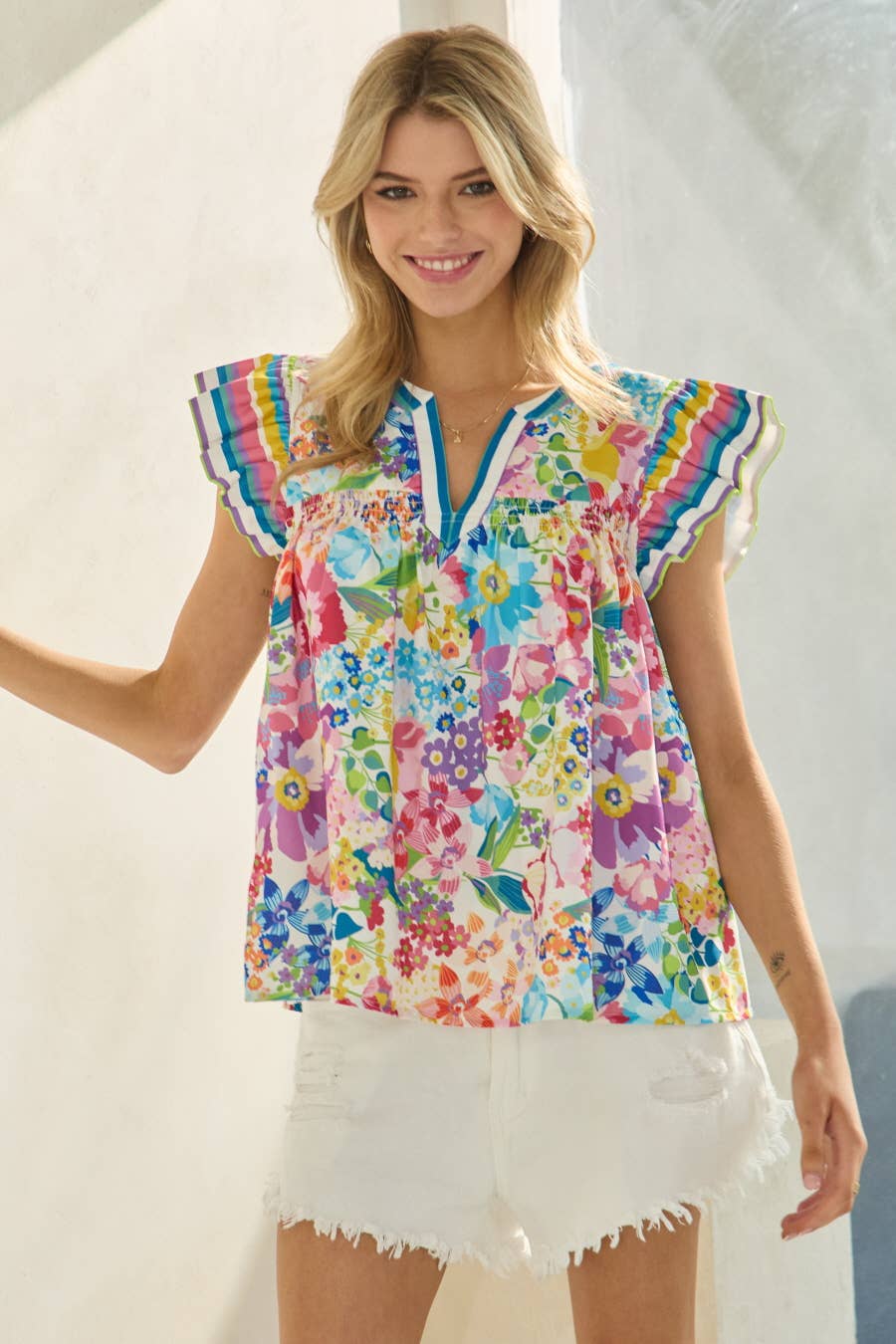 SPRING BLOOM Floral Border RffleSlv Top