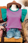CROSSWINDS Stripe Colorblock RuffleSleeve CrewNeck Top