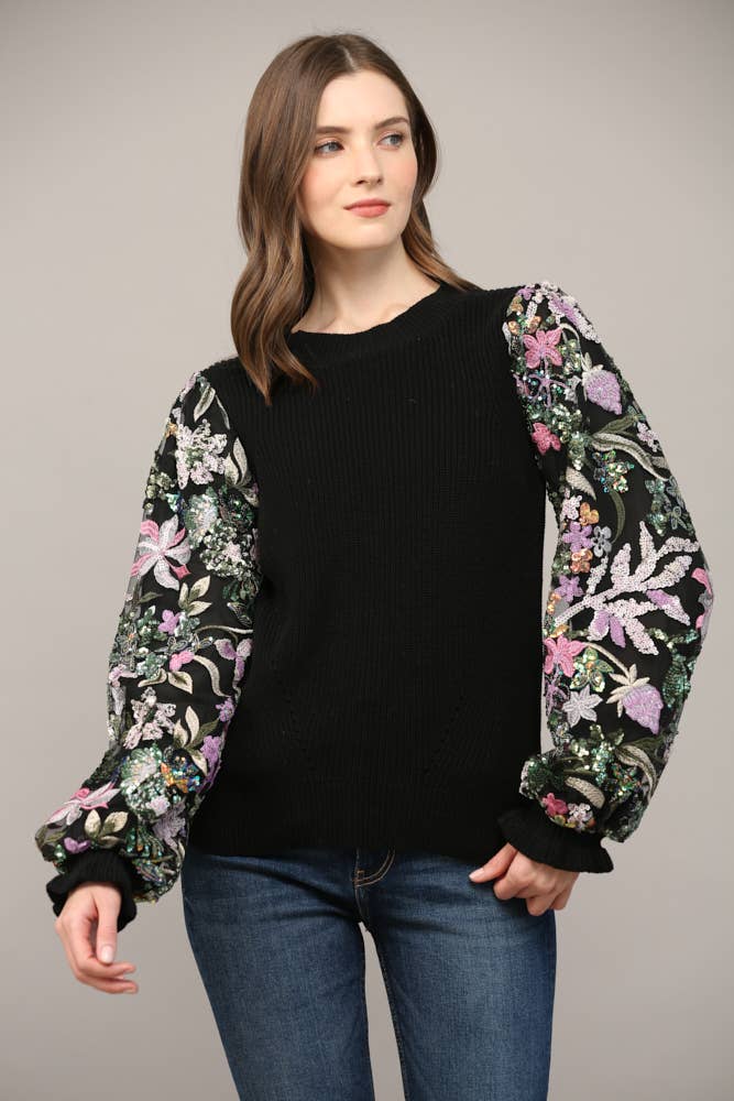 COLLINS Contrast SequinSleeve CrewNeck Sweater Top Jo Jo