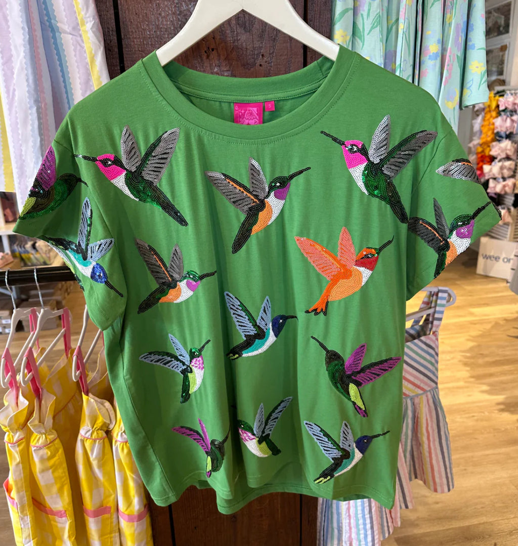 QUEEN OF SPARKLES Sequin HUMMINGBIRD Tee Top