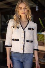 EMILY Contrast Braid Gold Button Tweed Jacket