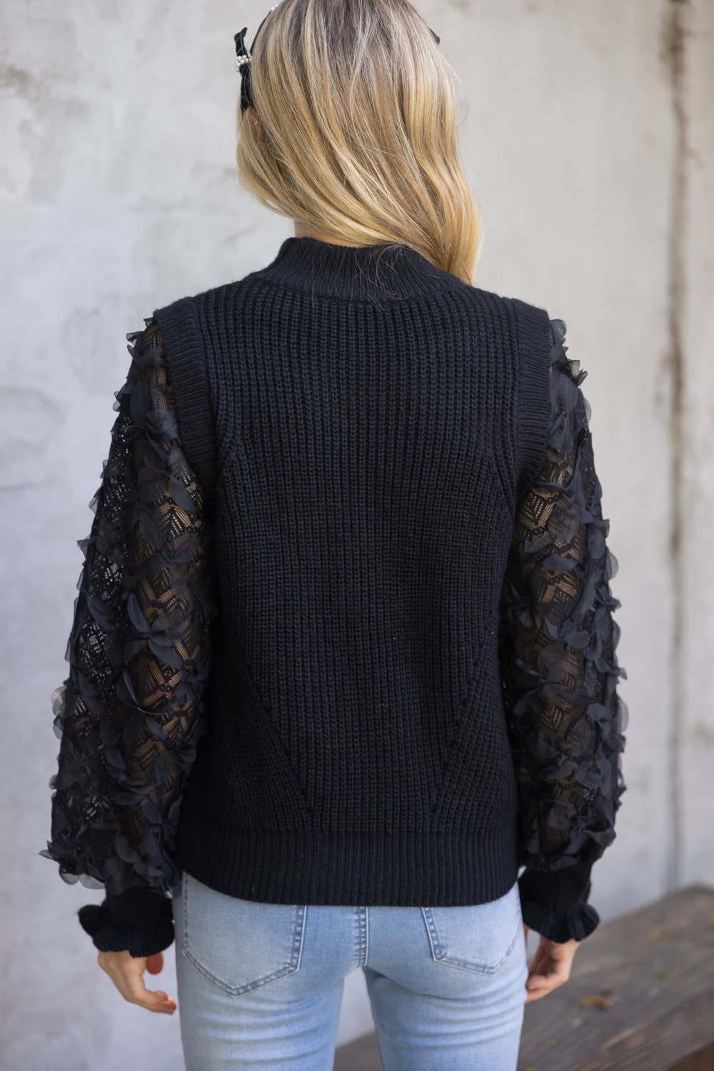 MONACO FloralTulleSleeve MockNeck Sweater Top