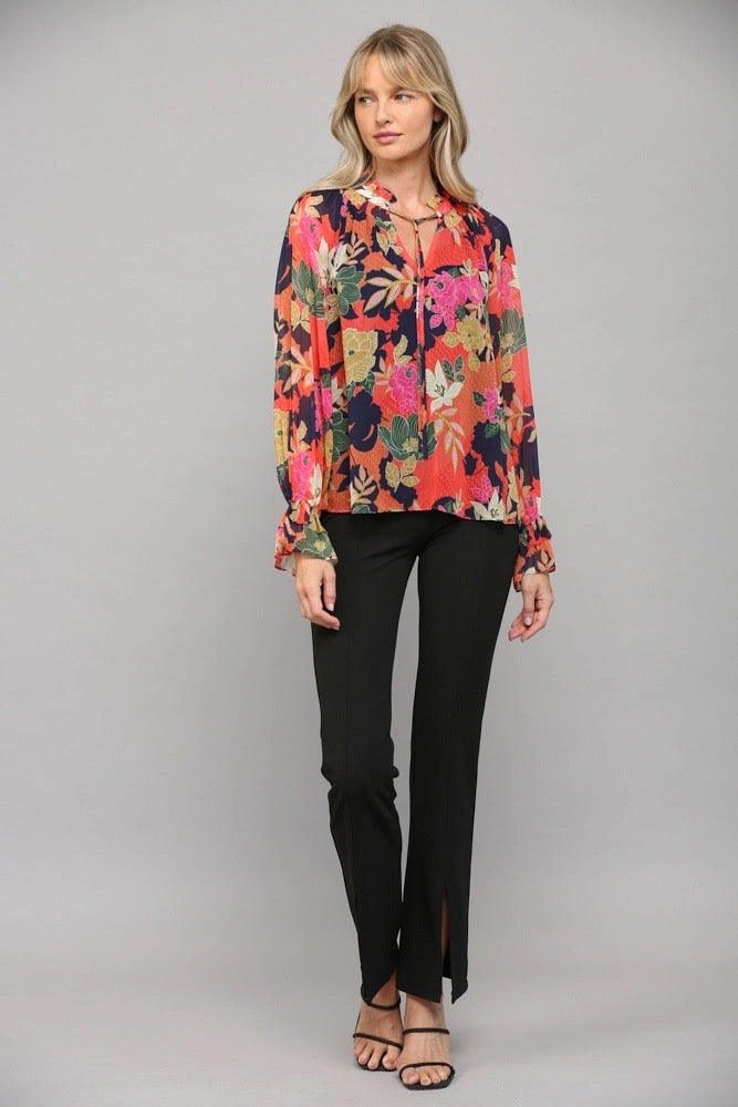 BOULEVARD Floral Ruffle Neck Blouse