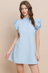 CAREY Pleated MockNeck ButtonDown RuffleShoulder Poplin Dress