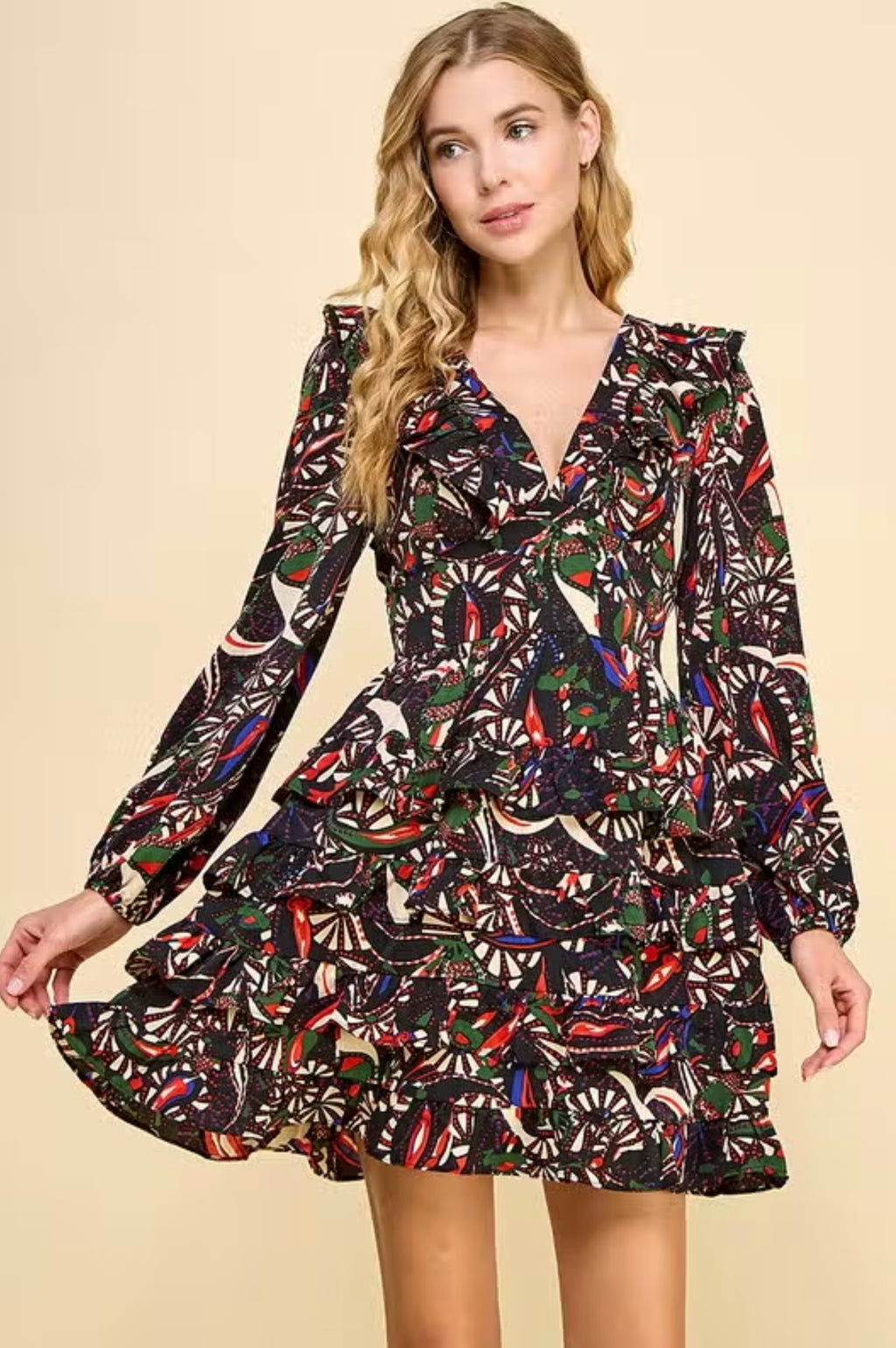 CONCEAL Abstract Print V-Neck LongSleeve Dress
