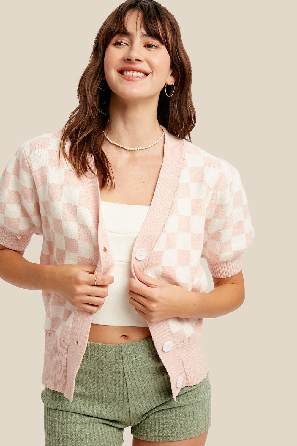 LOVEY Gingham Puff ShortSleeve Cardigan