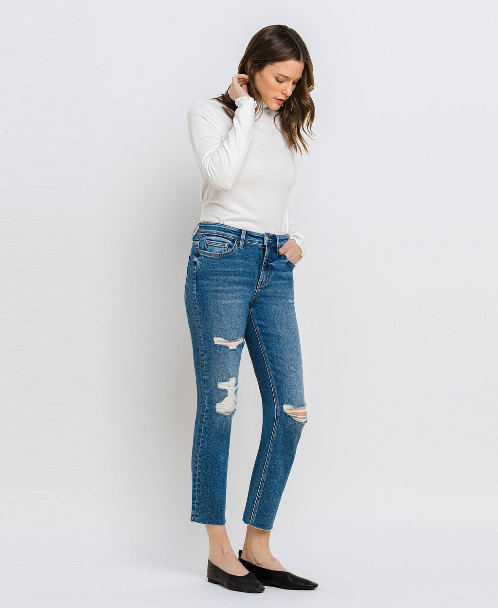 VERVET by Flying Monkey JEANNE HiRise Distressed Slim Straight Jean