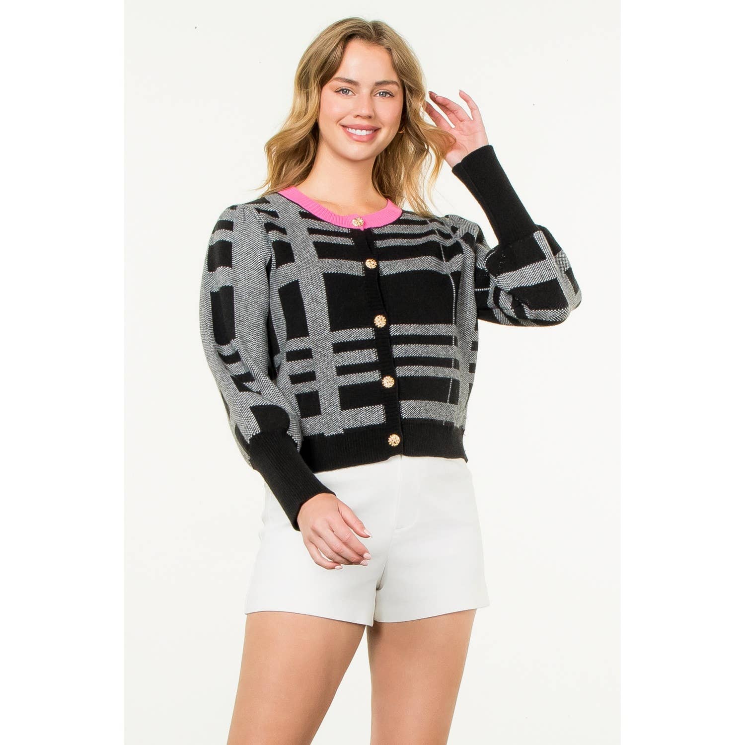 ISABELLA Knit Plaid Contrast Color Cardigan Top
