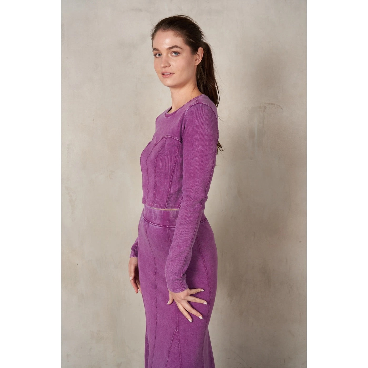 CRAZED Mineral Wash RibKnit LongSleeve Corset Top