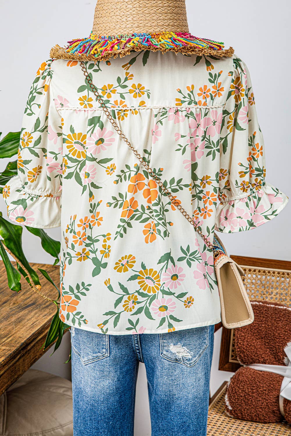PHASE Boho Floral Embroidered Half Sleeve Floral Top