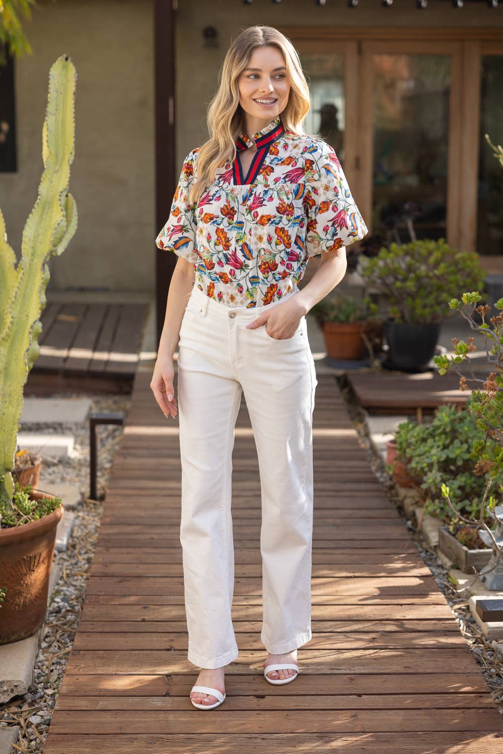 PRIDE Floral StripePlacket Woven Print Top