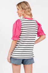 GUYER Contrast StripeKnit PoplinPuffSleeve Top