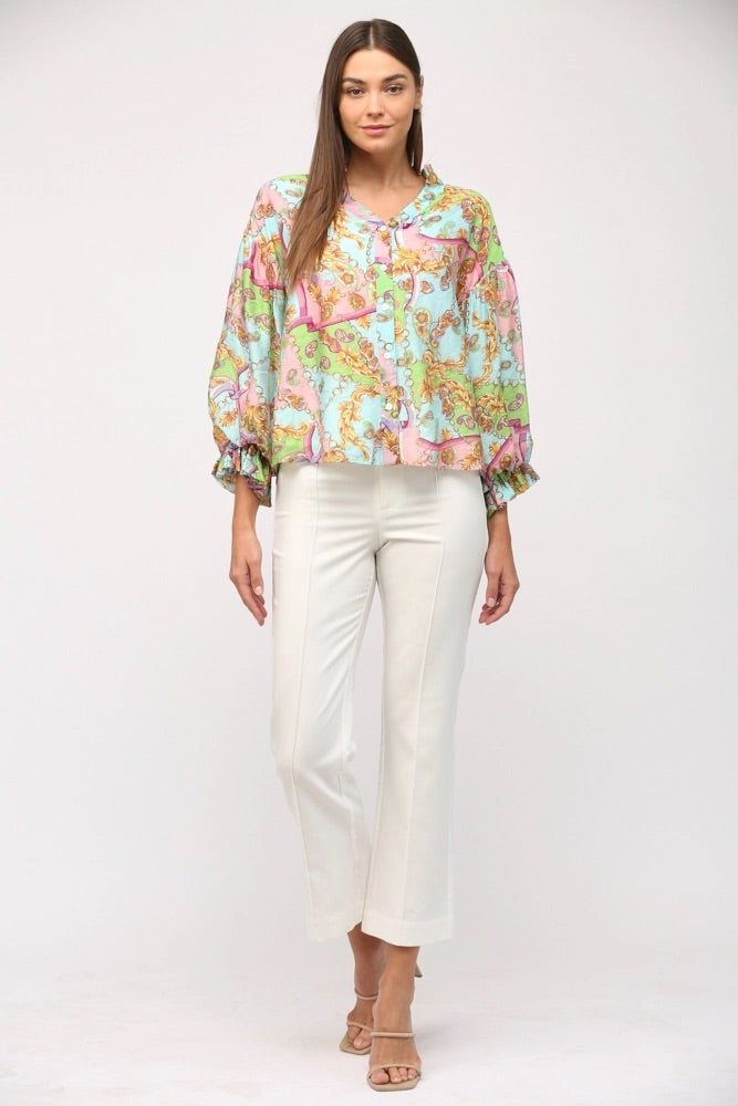 NAPLES ChainPrint ButtonDown BubbleSleeve Top