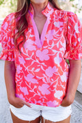 DOMINATE Floral Split V-Neck Ruffled Short Sleeve Top