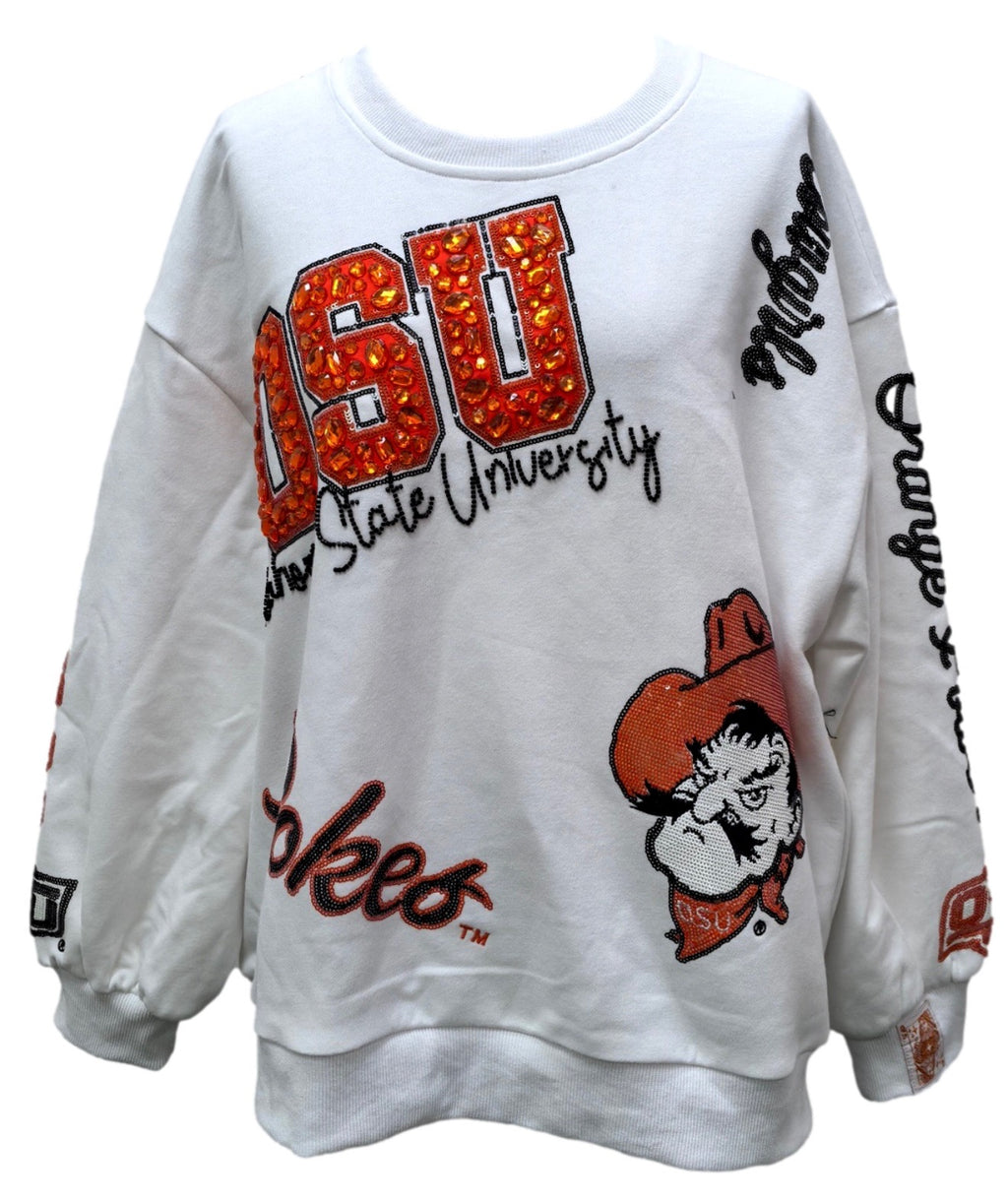 QUEEN OF SPARKLES Licensed OKLAHOMA STATE Big Icons Scattered AllOver SweatShirt