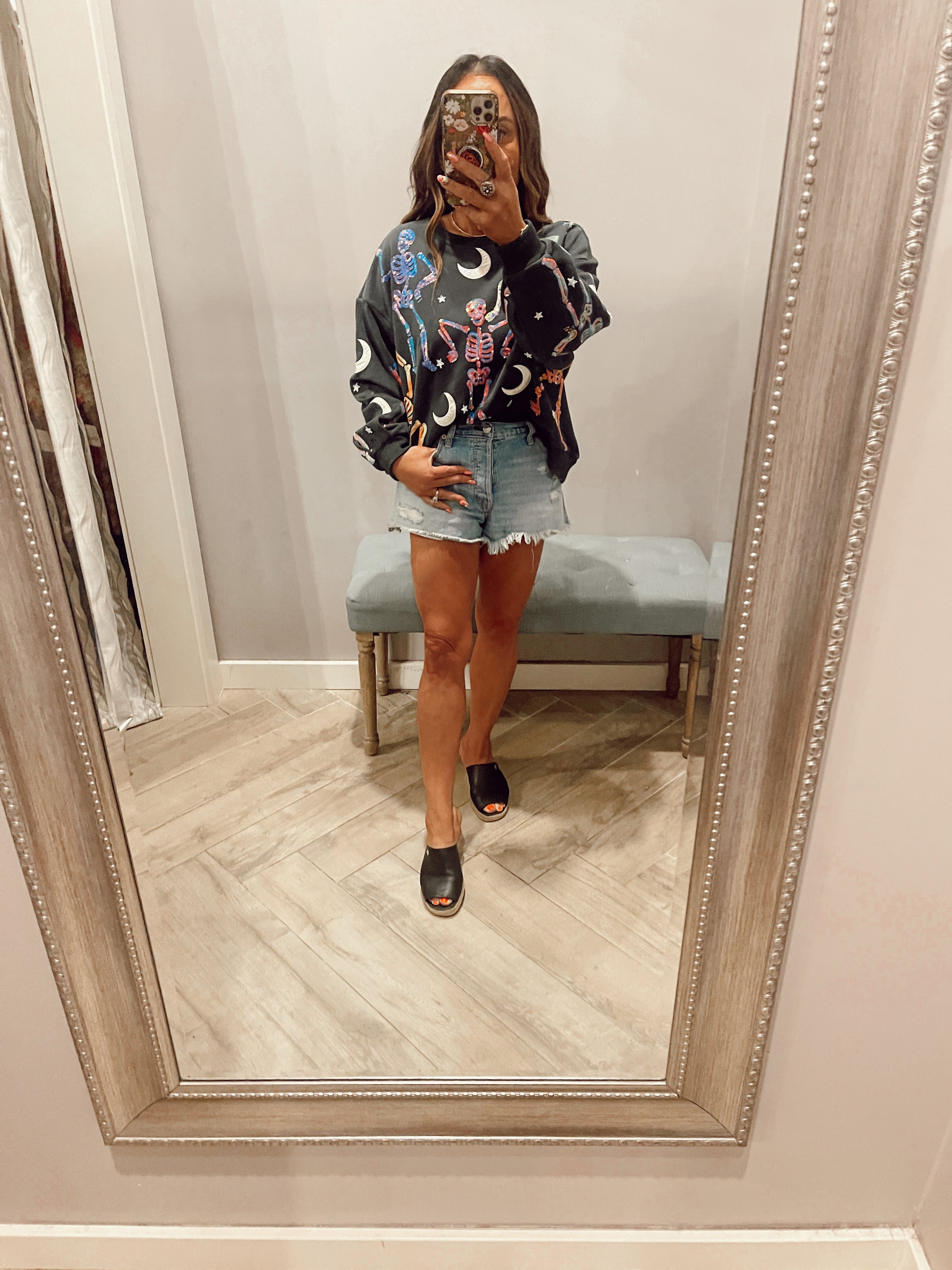 QUEEN OF SPARKLES Sequin DANCING SKELETONS Sweatshirt