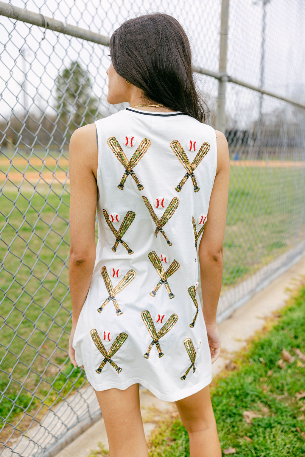 QUEEN OF SPARKLES Sequin SCATTERED BASEBALL BATS Tank Dress