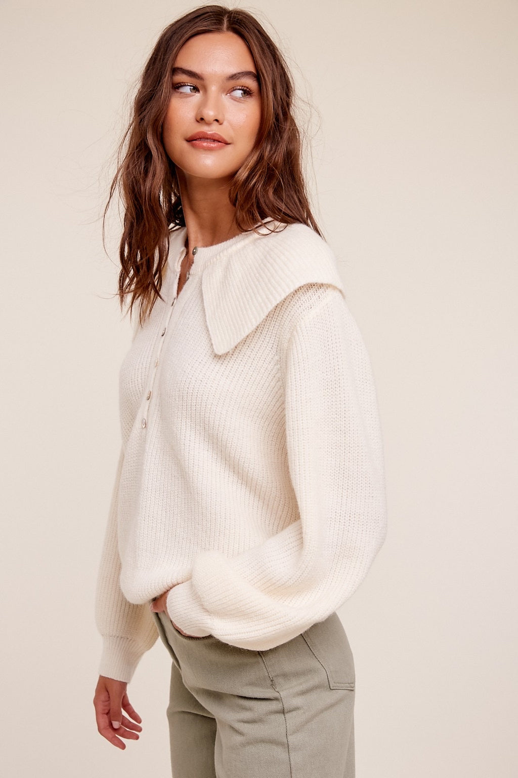 *MILLY FlapNeck ButtonDetail Sweater Top