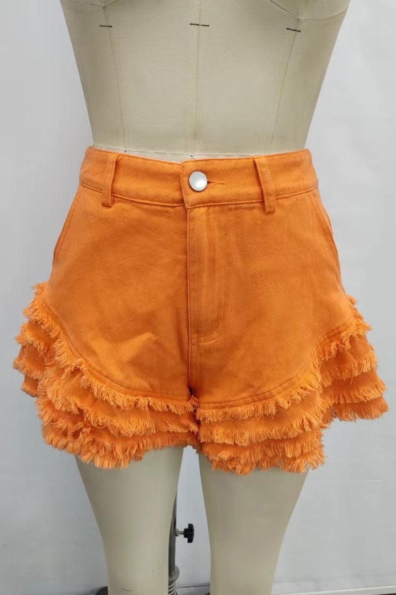 KICK IT UP Tiered Ruffle Raw Hem Denim Shorts
