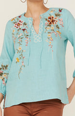 JOHNNY WAS Linen ACACIA Embroidered Peasant Blouse Top