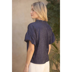 RIVER RuffleCollar BubbleSleeve Textured Top