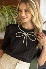 FEATHERLY PearlBowDetail CableKnit Textured Top if I