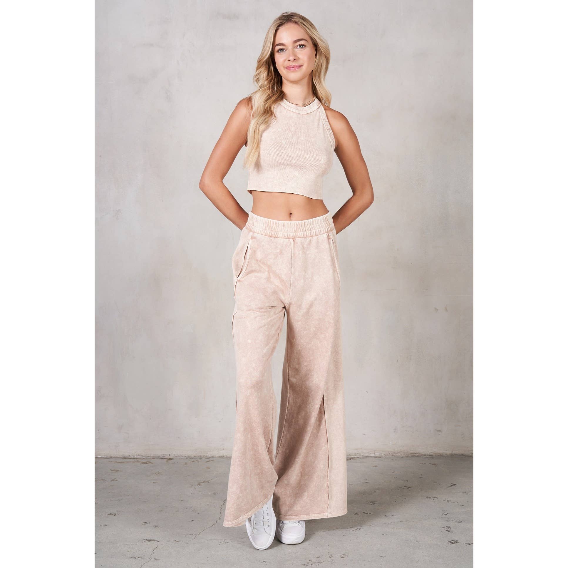 RISEN 2Piece HalterNeck RibMix WideLeg Pant Set