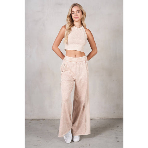 RISEN 2Piece HalterNeck RibMix WideLeg Pant Set