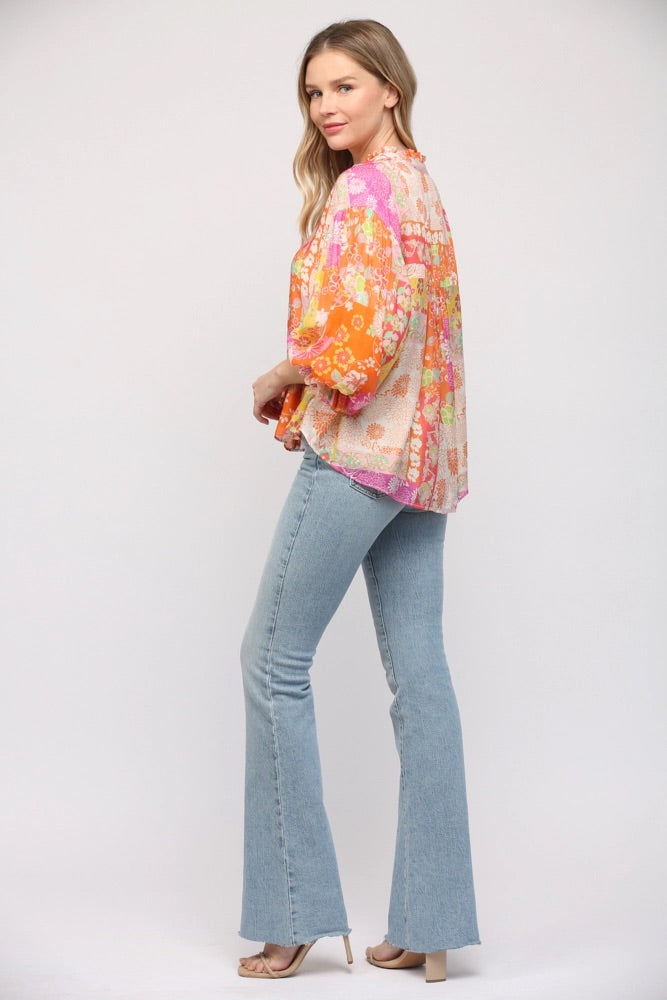 BISCAYNE Patchwork Print Floral ButtonDown Top